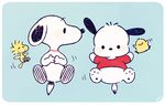  bird collar dog from_above looking_at_another lying no_humans on_back peanuts pochacco red_collar sanrio smile snoopy woodstock 
