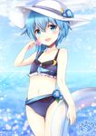  :d adapted_costume asymmetrical_hair bare_shoulders bikini blue_bikini blue_eyes blue_hair blush collarbone crescent crescent_moon_pin flower frilled_bikini frills hat hat_flower innertube kantai_collection looking_at_viewer maruma_(maruma_gic) minazuki_(kantai_collection) navel open_mouth shell short_hair_with_long_locks smile solo sparkle standing sun_hat swimsuit white_hat 