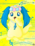  &lt;3 blue_eyes canine cute dog female fur giggling jewelpet looking_at_viewer mammal musical_note open_mouth sapphire_(jewelpet) text translated unknown_artist yellow_fur 