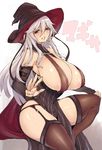  areola_slip areolae bare_shoulders blush breasts brown_legwear character_name fishnet_legwear fishnets garter_belt granblue_fantasy hair_between_eyes hat huge_breasts kamaboko_(ossann0125) long_hair magisa_(granblue_fantasy) parted_lips red_eyes silver_hair simple_background smile solo thighhighs unmoving_pattern white_background witch_hat 