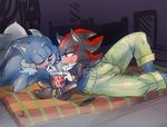  anthro belt blush bulge chest_tuft choker claws clothed clothing controller crossed_legs eyes_closed feeding food fur futon gloves half-closed_eyes hand_on_head hedgehog krazyelf lying male mammal navel pants pillow popcorn red_eyes remote_control shadow_the_hedgehog simple_background sitting size_difference smile sonic_(series) sonic_the_werehog spikes text topless tuft werehog 