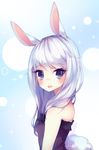  animal_ears anny_(yoai) artist_name bangs bare_shoulders blue_background blue_eyes blush bunny_ears bunny_girl bunny_tail bunnysuit from_side gradient gradient_background long_hair looking_at_viewer open_mouth original silver_hair simple_background solo sparkle sparkle_background sparkling_eyes strapless tail upper_body watermark white_background 