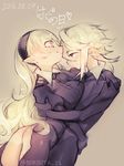  1girl ass blonde_hair bodysuit breast_press breasts dated dual_persona female_my_unit_(fire_emblem_if) fire_emblem fire_emblem_if hair_between_eyes hairband hug large_breasts long_hair male_my_unit_(fire_emblem_if) mamkute my_unit_(fire_emblem_if) negiwo pointy_ears profile red_eyes short_hair smile twitter_username 