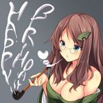  :o aqua_eyes bare_shoulders blush breasts brown_hair cleavage commentary_request dress english futatsuiwa_mamizou futatsuiwa_mamizou_(human) glasses gradient gradient_background green_dress hair_ornament happy_birthday heart kiseru large_breasts leaf_hair_ornament long_hair long_sleeves looking_away off-shoulder_dress off_shoulder oimo_(imoyoukan) pince-nez pipe smoke solo strapless strapless_dress touhou upper_body wide_sleeves 