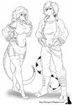  anthro clothed clothing duo female looking_at_viewer male monochrome natysanime reptile scalie simple_background smile snake standing turtle white_background 