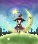  artist_name black_dress black_hair black_hat chibi cloud crescent dress flower hat hat_flower heart long_sleeves looking_at_viewer orange_lore original overgrown plant rainbow red_eyes red_scarf scarf short_hair smile solo star wand water_drop witch witch_hat 