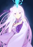  bangs bare_shoulders blush_scarlet braid breasts crown_braid crystal detached_collar detached_sleeves dress emilia_(re:zero) flower glowing hair_flower hair_ornament hair_ribbon jewelry long_hair medium_breasts parted_lips pendant purple_eyes purple_hair purple_ribbon re:zero_kara_hajimeru_isekai_seikatsu reaching_out ribbon solo very_long_hair white_dress 