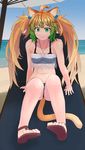  :&lt; ahoge animal_ears atalanta_(fate) beach beach_chair beach_umbrella bikini blonde_hair blue_bikini fate/apocrypha fate/grand_order fate_(series) green_hair highres i-pan lion_ears lion_tail long_hair multicolored_hair navel sand sandals see-through sitting solo swimsuit tail toes twilight_memory twintails umbrella 