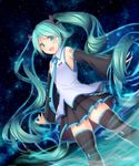  :d aqua_eyes aqua_hair arms_at_sides bare_shoulders black_legwear black_skirt blue_neckwear blush collared_shirt commentary_request detached_sleeves hatsune_miku headphones long_hair long_sleeves looking_at_viewer necktie night night_sky oimo_(imoyoukan) open_mouth outstretched_arms shirt skirt sky sleeveless sleeveless_shirt smile solo spread_arms star_(sky) starry_sky thighhighs twintails very_long_hair vocaloid white_shirt wide_sleeves 