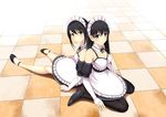  back-to-back bare_shoulders black_hair black_legwear blush breasts checkered checkered_floor cleavage cocona detached_collar detached_sleeves frills long_hair looking_at_viewer maid maid_headdress medium_breasts multiple_girls no_socks original pantyhose siblings sisters sitting sleeves_past_wrists small_breasts smile wariza yellow_eyes 