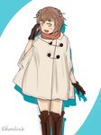  alternate_costume artist_name bob_cut boots brown_gloves brown_hair cross-laced_footwear gloves highres kanrobi kantai_collection looking_at_viewer open_mouth poncho scarf simple_background solo twitter_username yellow_eyes yukikaze_(kantai_collection) 
