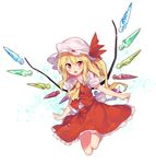  ascot blonde_hair bow flandre_scarlet floating full_body hat hat_bow looking_at_viewer mob_cap open_mouth puffy_short_sleeves puffy_sleeves red_bow red_eyes red_skirt red_vest sawayaka_samehada short_sleeves side_ponytail skirt smile solo touhou vest white_background white_hat wing_collar wings 