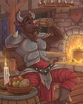  2016 alcohol anthro armor barrel beer beverage bovine bowl bread breastplate brown_eyes brown_fur candle cattle cauldron chandelier chewycuticle clothed clothing cup detailed_background digital_media_(artwork) drinking fire fireplace food fruit fur horn inner_ear_fluff inside male mammal medieval pauldron signature sitting solo spill tavern 