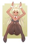  :o ahoge animal_ears arms_up bangs bare_arms black_footwear black_legwear blonde_hair blush bow bowtie breasts bunny_ears bunny_pose bunnysuit cleavage dark_skin detached_collar eyebrows eyebrows_visible_through_hair fake_animal_ears granblue_fantasy hair_between_eyes hairband highres leotard long_hair medium_breasts mitsumori_(an_mrz) open_mouth pantyhose red_bow red_eyes shoes sitting solo twitter_username wristband zooey_(granblue_fantasy) 