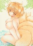  blonde_hair breasts fox_ears fox_tail from_side fur large_breasts looking_at_viewer marker_(medium) multiple_tails nipples nude partially_submerged satsuki_(gogotaru) short_hair sitting tail touhou traditional_media water yakumo_ran yellow_eyes 