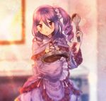  blush dress drifblim frilled_sleeves frills gen_4_pokemon indoors long_hair looking_at_viewer mixing_bowl moe_(hamhamham) personification pokemon purple_dress purple_hair red_eyes scrunchie side_ponytail solo standing whisk 