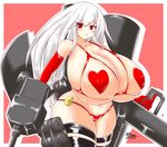  1girl ayazumi_flutter bikini black_legwear blush breasts cannon cupless_bra curvy elbow_gloves erect_nipples female gigantic_breasts gloves kantai_collection kikuzuki_(kantai_collection) long_hair looking_at_viewer navel pasties plump red red_bikini red_eyes red_gloves red_swimsuit shiny_skin simple_background solo standing string_bikini swimsuit thick_thighs thighhighs weapon white_hair wide_hips 
