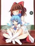  :o ^_^ bare_shoulders blue_bow blue_dress blue_eyes blush bow brown_hair cirno closed_eyes commentary detached_sleeves dress full_body grin hair_bow hair_tubes hakurei_reimu hug hug_from_behind ice ice_wings indian_style japanese_clothes long_hair long_sleeves looking_at_viewer miko multiple_girls neck_ribbon oimo_(imoyoukan) open_mouth puffy_short_sleeves puffy_sleeves red_bow red_ribbon ribbon ribbon-trimmed_sleeves ribbon_trim short_sleeves sitting sliding_doors smile socks steam sweat touhou v-shaped_eyebrows white_legwear wide_sleeves wings wooden_floor 