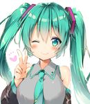  ;) commentary_request detached_sleeves green_eyes green_hair hatsune_miku long_hair looking_at_viewer necktie one_eye_closed riichu smile solo twintails v vocaloid 