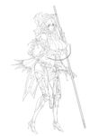  armor armored_boots bikini_armor boots braid breasts chain covered_nipples elbow_gloves gloves greyscale helmet highres huge_breasts lineart long_hair monochrome navel polearm q_azieru solo spear twin_braids walking weapon 