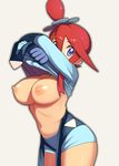  1girl artist_request blue_eyes breasts fuuro_(pokemon) gloves gym_leader large_breasts midriff navel nipples pokemon red_hair solo undressing 