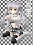 animal_ears black_legwear blue_eyes blush boots breastplate cat_ears checkered checkered_background chestnut_mouth hair_ornament knee_boots long_hair miss_monochrome miss_monochrome_(character) navel open_mouth silver_hair skirt solo thighhighs twintails udan very_long_hair white_footwear 