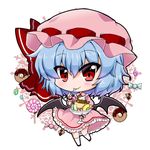  bat_wings blue_hair chibi commentary food hat looking_at_viewer mob_cap noai_nioshi pudding red_eyes remilia_scarlet short_hair smile solo touhou wings 