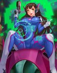  alternate_eye_color animal_print bangs bodysuit boots bracer breasts breasts_apart brown_hair bunny_print charm_(object) covered_navel cowboy_shot d.va_(overwatch) facepaint facial_mark gaoyang_ou_nisang gloves gun hand_up handgun headphones highres holding holding_gun holding_weapon hologram holographic_interface large_breasts lips long_hair long_sleeves mecha meka_(overwatch) open_mouth overwatch pauldrons pilot_suit pink_lips ribbed_bodysuit shoulder_pads sitting skin_tight smile solo spread_legs teeth thigh_boots thigh_strap thighhighs turtleneck weapon whisker_markings white_footwear white_gloves yellow_eyes 