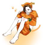  animal_ears artist_name barefoot black_eyes black_hair cat_ears cat_tail crop_top full_body gunamu hat highres jojo_no_kimyou_na_bouken jojolion kemonomimi_mode kira_yoshikage_(jojolion) male_focus nail_polish one_eye_closed orange_nails paw_print sailor sailor_hat shorts signature sitting solo tail toenail_polish 