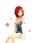  bare_legs bare_shoulders camisole clothes_down invisible_chair kuma_(bloodycolor) looking_to_the_side love_live! love_live!_school_idol_project nishikino_maki purple_eyes red_hair sitting solo star sweater 