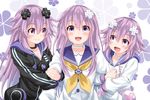  adult_neptune choker d-pad d-pad_hair_ornament girl_sandwich hair_ornament hood hooded_track_jacket jacket long_hair multiple_girls nepgear neptune_(choujigen_game_neptune) neptune_(series) oekakizuki open_mouth purple_eyes purple_hair sandwiched shin_jigen_game_neptune_vii short_hair smile track_jacket 