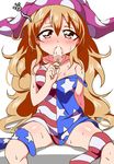  adapted_costume american_flag_dress arm_support bare_shoulders blonde_hair blush breasts bwell clownpiece collarbone commentary dress eating food food_in_mouth hat highres hot jester_cap long_hair looking_at_viewer medium_breasts off_shoulder open_mouth pantyhose pantyhose_removed pink_eyes polka_dot popsicle print_legwear sexually_suggestive short_dress sitting sleeveless sleeveless_dress solo spread_legs star strap_slip sweat touhou very_long_hair white_background 