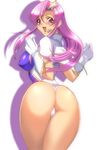  1girl ass blush breasts erect_nipples from_behind gloves gundam gundam_seed gundam_seed_destiny hair_ornament headset huge_ass large_breasts leotard long_hair looking_at_viewer looking_back meer_campbell open_mouth pink_hair purple_eyes shadow shiny shiny_clothes shiny_hair shiny_skin sideboob smile solo star star_hair_ornament thong thong_leotard 