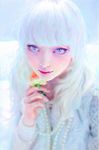  artstation_sample bangs blue_eyes blunt_bangs chromatic_aberration commentary flower highres holding holding_flower image_sample irakli_nadar lips looking_at_viewer nastya_zhidkova nose original photo-referenced real_life realistic solo white white_hair 