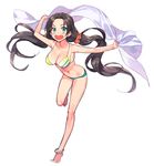  :d anklet bangs bare_legs barefoot bikini black_hair blush breasts cleavage full_body green_eyes highres jewelry large_breasts long_hair looking_at_viewer low_twintails mansu navel open_mouth original parted_bangs scrunchie simple_background smile solo swimsuit tan tanline twintails very_long_hair white_background 