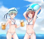  alcohol armpits arms_up ball beachball beer beer_mug bikini blue_eyes cup groin hat highres holding holding_cup kanabun kantai_collection looking_at_viewer midriff multiple_girls navel open_mouth parted_lips red_eyes red_hair ribbon sailor_bikini sailor_collar short_hair silver_hair swimsuit z1_leberecht_maass_(kantai_collection) z3_max_schultz_(kantai_collection) 