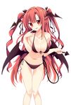  alternate_hairstyle ass_visible_through_thighs bat_wings bikini black_bikini blush braid breasts cleavage collarbone demon_tail eyebrows eyebrows_visible_through_hair front-tie_bikini front-tie_top head_wings heart heart-shaped_pupils highres koakuma large_breasts long_hair looking_at_viewer maturiuta_sorato navel open_mouth red_eyes red_hair side-tie_bikini simple_background smile solo swimsuit symbol-shaped_pupils tail thigh_gap touhou twintails very_long_hair white_background white_hair wings 