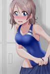  blue_eyes blush breasts brown_hair competition_swimsuit gakuto_96 highres locker love_live! love_live!_sunshine!! medium_breasts one-piece_swimsuit open_mouth short_hair skirt skirt_pull solo sweatdrop swimsuit undressing watanabe_you 
