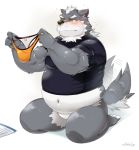  2019 anthro belly black_nose blush canine clothing fur grey_fur hi_res humanoid_hands male mammal navel nikiciy overweight overweight_male simple_background solo underwear white_background wolf 
