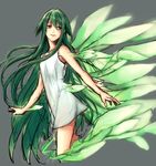  collarbone cropped_legs dress from_side green_eyes green_hair grey_background hair_between_eyes hair_flaps highres kuwa_ayase long_hair parted_lips saya saya_no_uta simple_background sketch solo sundress very_long_hair white_dress wings 