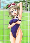  bad_id bad_pixiv_id blue_eyes breast_hold breasts brown_hair competition_swimsuit fence goggles goggles_on_head grass kamonegi_(me1rugo39) looking_at_viewer love_live! love_live!_sunshine!! medium_breasts one-piece_swimsuit open_mouth school_swimsuit short_hair smile solo swim_cap swimsuit watanabe_you 