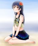  bare_shoulders barefoot blue_hair blush flower hair_flower hair_ornament long_hair looking_at_viewer love_live! love_live!_school_idol_project navel sitting solo sonoda_umi udan wariza wet yellow_eyes 