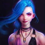  bare_shoulders blue_hair bullet bullet_necklace grin highres irakli_nadar jewelry jinx_(league_of_legends) league_of_legends lips lipstick long_hair looking_at_viewer makeup necklace nose o-ring o-ring_top pink_eyes purple_lipstick realistic smile solo tattoo upper_body 