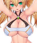  :d armpits asamura_hiori bare_arms bare_shoulders bikini bikini_top blonde_hair blush breasts cleavage cleavage_cutout foreshortening gene_(pso2) green_hair hair_between_eyes highres large_breasts long_hair looking_at_viewer multicolored_hair open_mouth outstretched_arms phantasy_star phantasy_star_online_2 shiny shiny_skin smile solo streaked_hair swimsuit twintails underboob upper_body white_bikini 