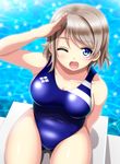 ;d blue_eyes breasts competition_swimsuit grey_hair large_breasts looking_up love_live! love_live!_sunshine!! one-piece_swimsuit one_eye_closed open_mouth pool salute sekai_saisoku_no_panda short_hair smile solo swimsuit watanabe_you water 