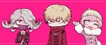  2girls andou_ruruka arm_up blonde_hair chibi coat danganronpa danganronpa_3 flipped_hair fur-trimmed_jacket fur_trim gloves grey_eyes hair_over_one_eye hat izayoi_sounosuke jacket kimura_seiko multiple_girls pink_background pink_hair purple_gloves shimada_(dmisx) silver_hair simple_background smile surgical_mask upper_body 