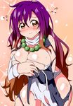  bare_shoulders bead_necklace beads blush breasts brown_eyes brown_hair bwell cleavage closed_mouth commentary_request covering covering_breasts cowboy_shot dress flying_sweatdrops gradient_hair highres hijiri_byakuren jewelry large_breasts leaning_forward long_hair looking_at_viewer multicolored_hair necklace prayer_beads purple_hair sidelocks solo sweat torn_clothes touhou very_long_hair 