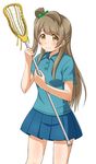  blush brown_hair lacrosse_stick long_hair love_live! love_live!_school_idol_project minami_kotori one_side_up pleated_skirt polo_shirt sidelocks skirt solo udan yellow_eyes 