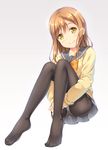  black_legwear brown_hair cardigan feet gradient gradient_background grey_skirt kunikida_hanamaru leg_hug long_hair long_sleeves looking_at_viewer love_live! love_live!_sunshine!! no_shoes panties panties_under_pantyhose pantyhose pantyshot pleated_skirt school_uniform serafuku skirt smile solo uehara_yukihiko underwear uranohoshi_school_uniform yellow_eyes 