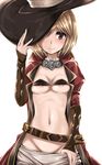  bandeau black_hat blonde_hair blush breasts brown_eyes djeeta_(granblue_fantasy) granblue_fantasy groin hat hat_over_one_eye looking_at_viewer minstrel_(granblue_fantasy) nipple_slip nipples no_panties pants_pull shimo_(depthbomb) short_hair simple_background sleeves_past_wrists small_breasts smile solo strapless top_hat white_background 